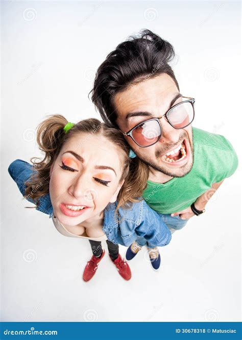 Funny Couple Arguing - View from Above Wide Angle Shot Stock Photo