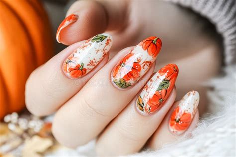 Fall-themed Pumpkin Nail Art Design for Seasonal Inspiration Stock ...