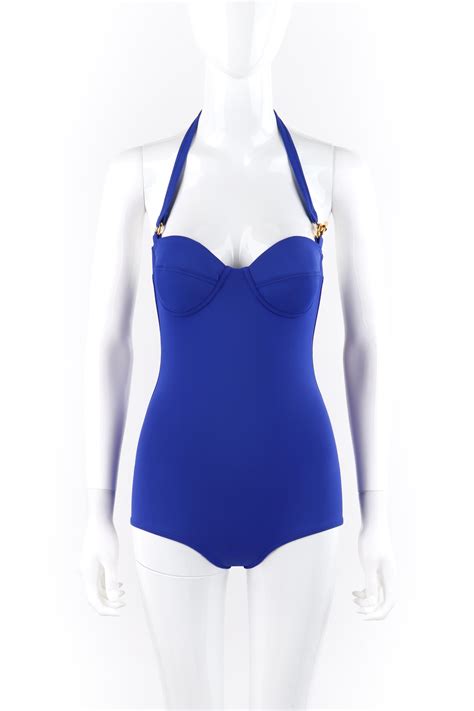 HERMES c.2000’s Blue Gold Toggle Bustier Halter Top One Piece Bathing