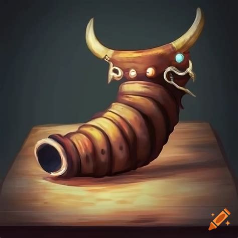 Fantasy art style, an animal horn charm rests on a table