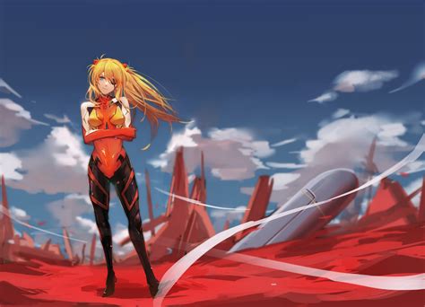 4K, Asuka Langley Soryu, smiling, curvy, thighs, fan art, anime girls