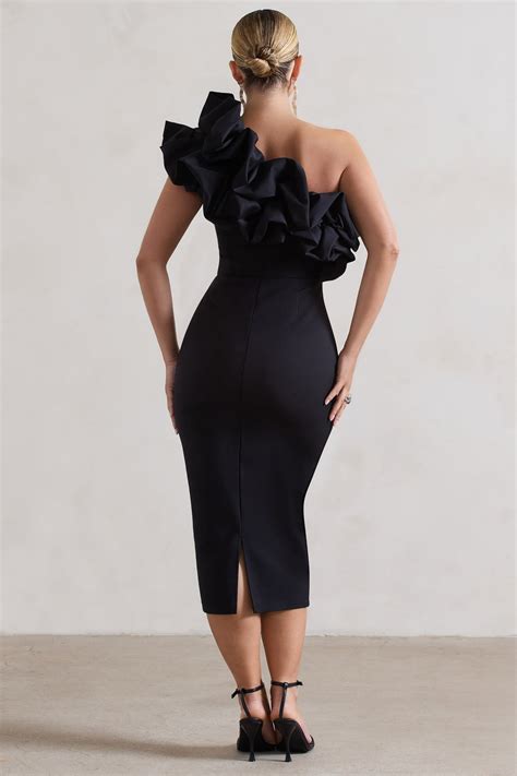 Orchestra Black One Shoulder Ruffled Midi Dress – Club L London - USA