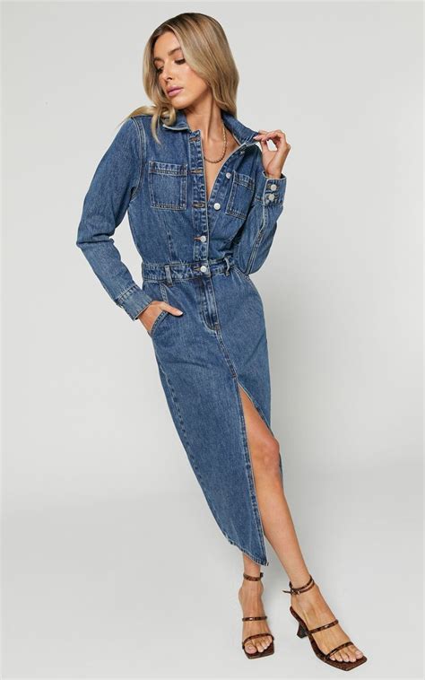 alison midi dress long sleeve front split denim dress  mid blue