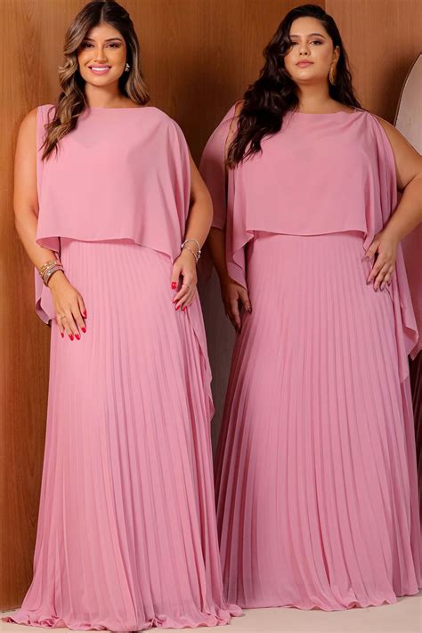 Xale Vestido De Festa - VESTIDO DE FESTA COM XALE CHIFFON PLISSADO LUNA ROSE SILVESTRE