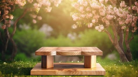 Premium AI Image | A wooden bench in a garden with pink flowers in the ...