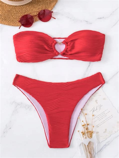 Shein Czerwony Strój Kąpielowy Bikini Komplet Marszczenia 0I2 NF9__M ...