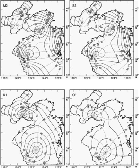 Tidal charts of the four major tidal constituents computed by the ...