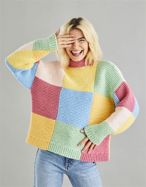 patchwork funnel neck sweater  hayfield bonus chunky sirdar knit