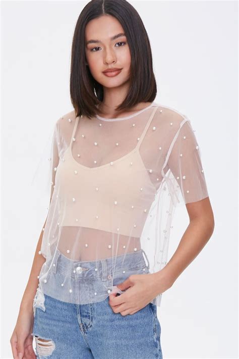sheer faux pearl mesh top  tops sequin mesh top shirts