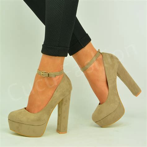 New Womens Ladies Block High Heel Pumps Ankle Strap Sandals Shoes Size ...