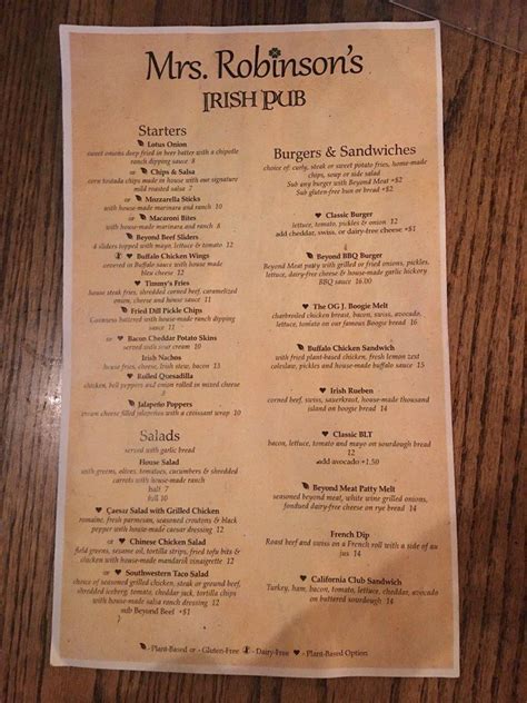 Menu at Mrs Robinson's Irish Pub, Burbank