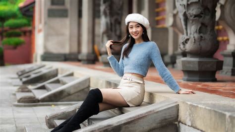 Download wallpaper long hair, model, women, asian, sitting, dark hair