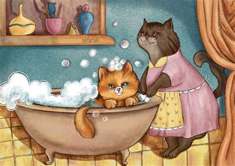 Иллюстрация Мама кошка и котёнок в стиле графика | Illustrators.ru