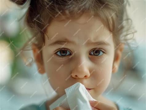Little Girl Sniffling with a Tissue Unwell Child with a Common Cold