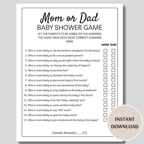 Mom or Dad Baby Shower Game, Printable Baby Shower Mom or Dad Game
