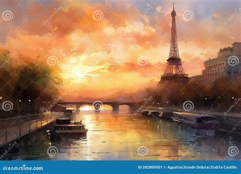 Painting of a Watercolor Drawing of the Eiffel Tower, Sunset. Stock Illustration - Illustration ...