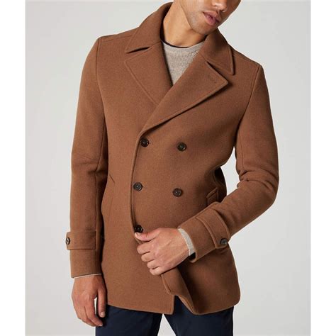 mens brown wool peacoat  leather collar detail