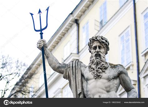 Closeup City Sculpture Poseidon Three Pointed Trident Building — Stock ...