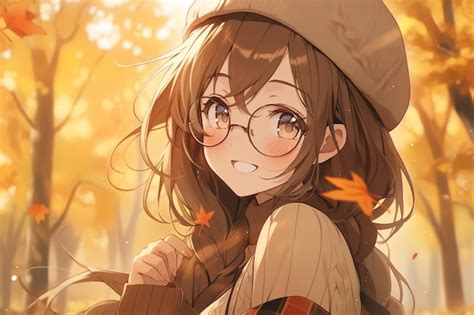 Premium Photo | Charming smiling brown haired anime girl with glasses ...