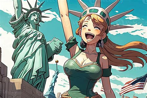 Beautiful anime manga girl in New York City Statue of Liberty