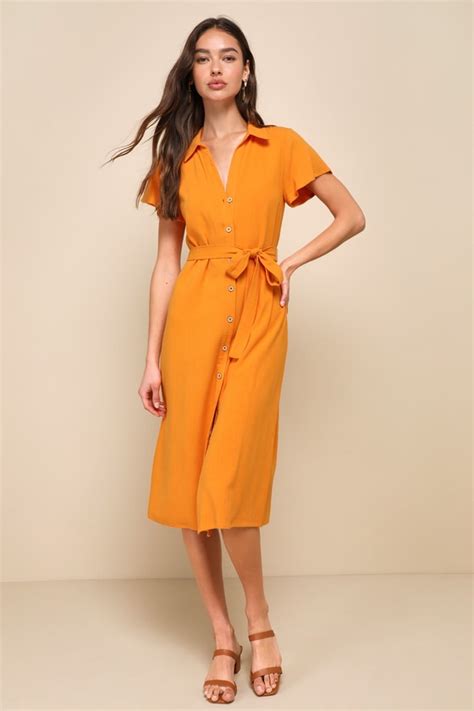 Orange Linen Dress - Button-Up Dress - Midi Short Sleeve Dress - Lulus