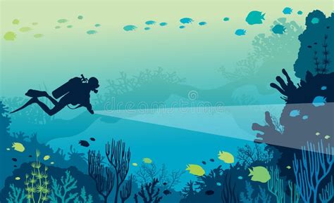 Водолаз акваланга, подводная пещера, кораллы, море Иллюстрация штока ...