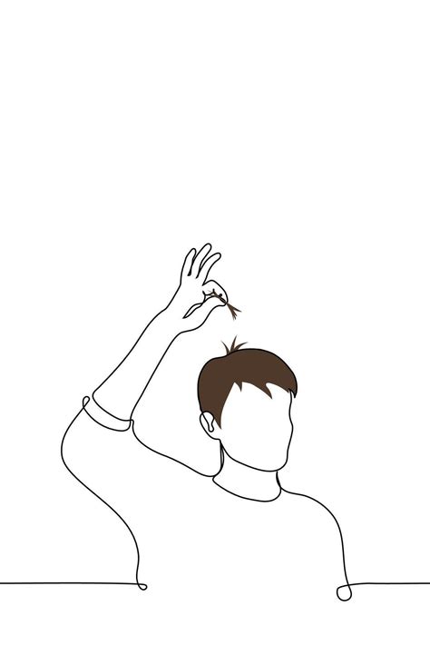 man holding a tuft of his hair above his head - one line drawing vector