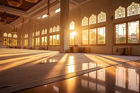 Premium AI Image | mosque prayer hall during the golden hour with soft lighting creating a ...