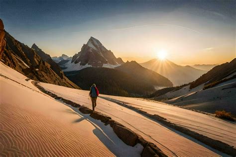 person walking   mountain  sunset ai generated  stock