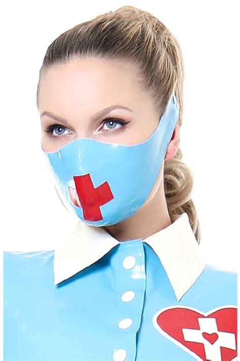 Nurse latex half mask with medical cross motif.