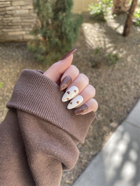 Brown Heart Almond Gel Nails | Brown nails, Nail colors, Brown nails design