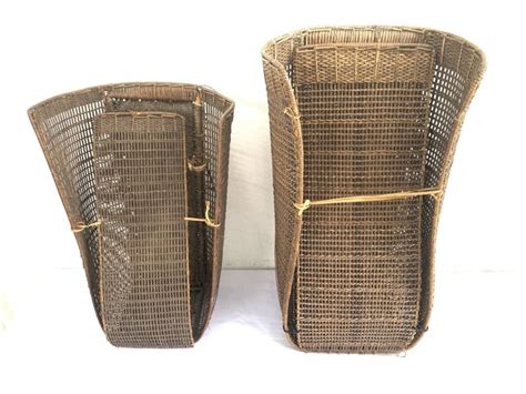 rattan backpack antique farming basket  pair traditional weaving