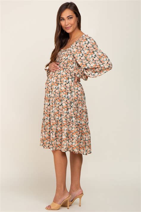 peach floral smocked square neck tiered maternity dress pinkblush