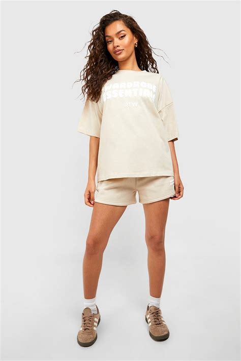 wardrobe essentials slogan  shirt sweat short set boohoo uk