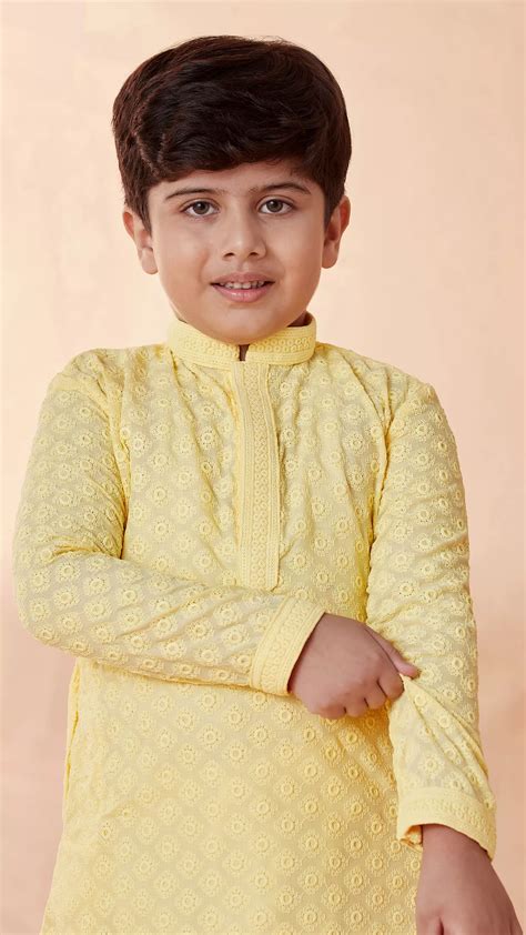 Buy Boys Light Yellow Chikan Kurta Set Online in India @Manyavar