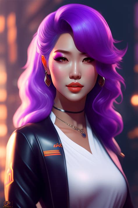 Lexica - A girl with purple hair and a white top, concept art by Pu Hua