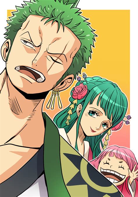 roronoa zoro, kouzuki hiyori, and toko (one piece) drawn by living 