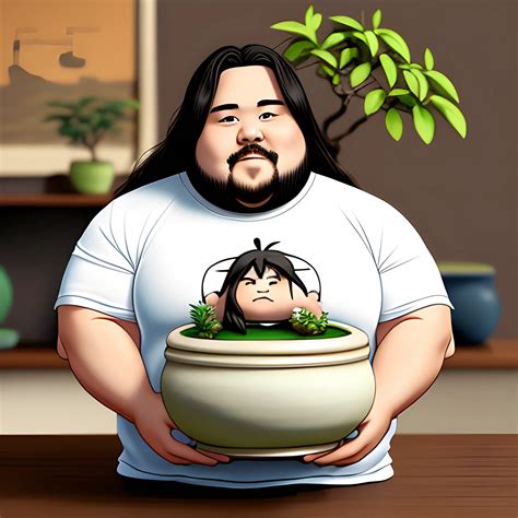 chibi fat man with long hair, wearing a white gym shirt, holding a