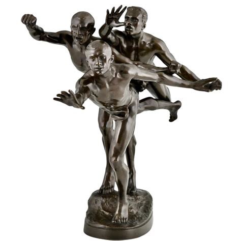 Au But Antique Bronze Sculpture 3 Nude Runners by Alfred Boucher France