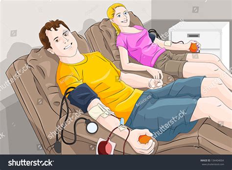 A Vector Illustration Of Young Man And Woman Donating Blood In A Blood ...