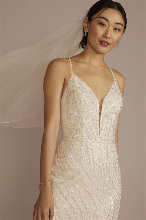 Strappy Back V-Neck Beaded Sheath Wedding Dress SWG952 - Onedaybride