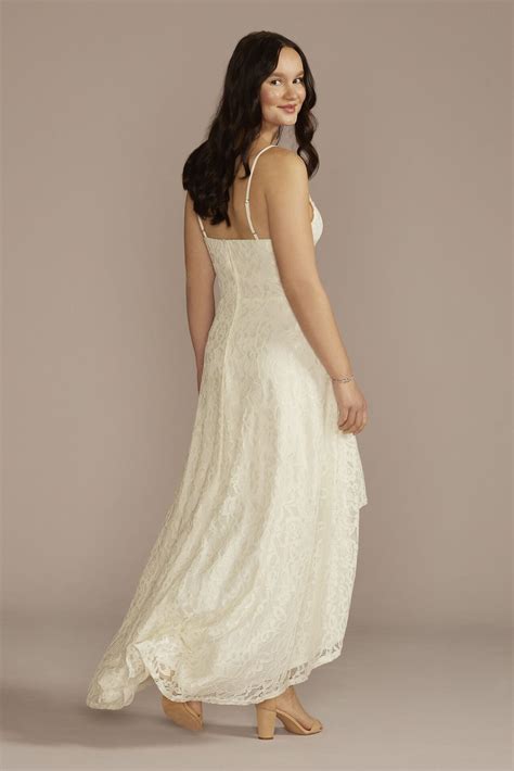 High-Low Lace Spaghetti Strap V-Neck Wedding Dress SDWG1135 - Onedaybride