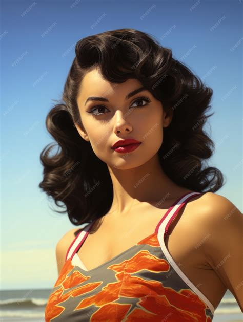 Belleza chica caliente de la década de 1960 en traje de baño de playa