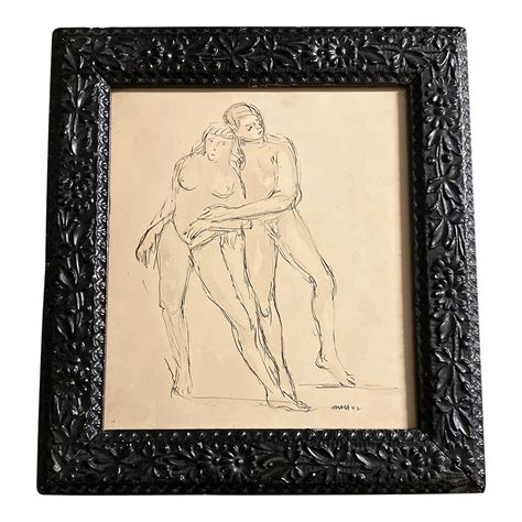 1940’s Original Abstract Male & Female Nude Pen & Ink Drawing Antique