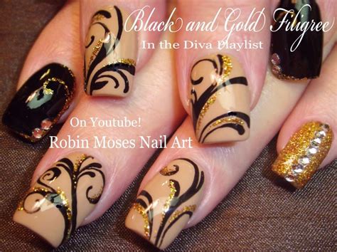 Black and Gold Glitter Nails Design | Bling Filigree Nail Art Tutorial ...