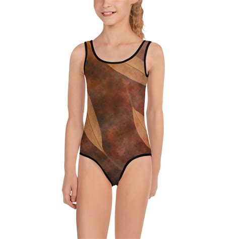 Kids Girls Swimsuit Dark Brown Leaves Leaf Beige Nature Art Print Old