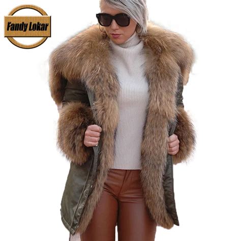 Fandy Lokar Real Big Raccoon Fur Hooded Fur Coats Women Natural Raccoon ...