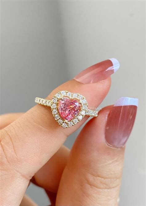 mm unique heart shaped pink sapphire engagement ring halo pink heart
