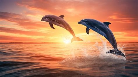 Premium AI Image | Dolphins jumping out of the water at sunset