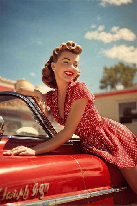 1950s pin-up woman lounging on a candy red convertible by Jure Salej ...
